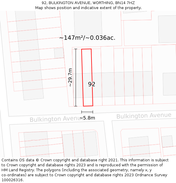 92, BULKINGTON AVENUE, WORTHING, BN14 7HZ: Plot and title map