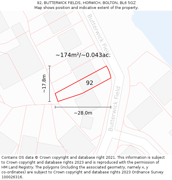 92, BUTTERWICK FIELDS, HORWICH, BOLTON, BL6 5GZ: Plot and title map