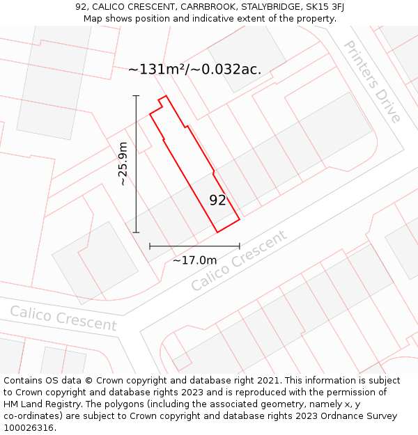 92, CALICO CRESCENT, CARRBROOK, STALYBRIDGE, SK15 3FJ: Plot and title map