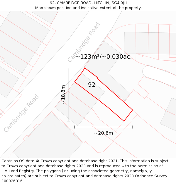 92, CAMBRIDGE ROAD, HITCHIN, SG4 0JH: Plot and title map