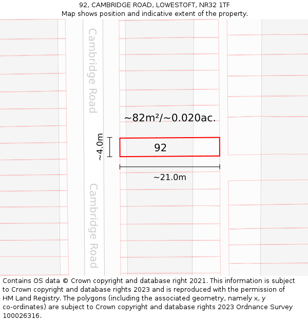 92, CAMBRIDGE ROAD, LOWESTOFT, NR32 1TF: Plot and title map