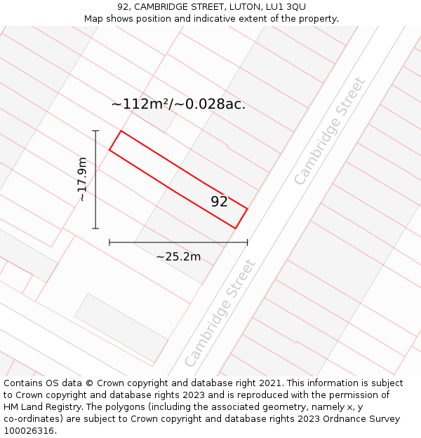 92, CAMBRIDGE STREET, LUTON, LU1 3QU: Plot and title map