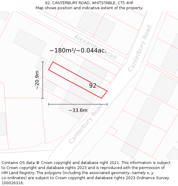 92, CANTERBURY ROAD, WHITSTABLE, CT5 4HF: Plot and title map