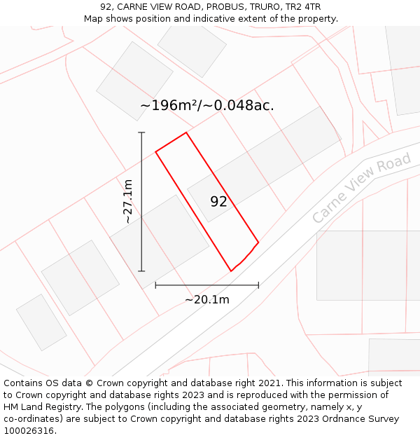 92, CARNE VIEW ROAD, PROBUS, TRURO, TR2 4TR: Plot and title map
