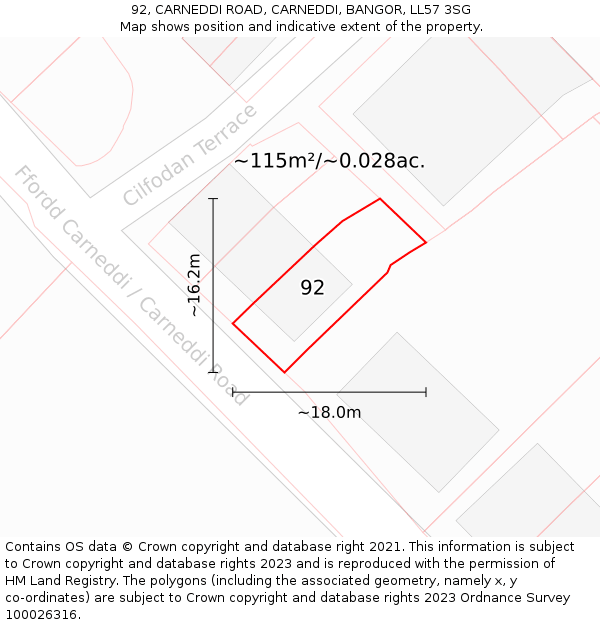92, CARNEDDI ROAD, CARNEDDI, BANGOR, LL57 3SG: Plot and title map