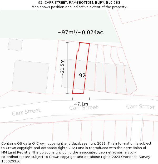 92, CARR STREET, RAMSBOTTOM, BURY, BL0 9EG: Plot and title map