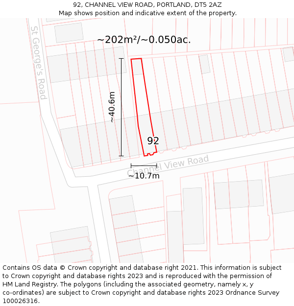 92, CHANNEL VIEW ROAD, PORTLAND, DT5 2AZ: Plot and title map