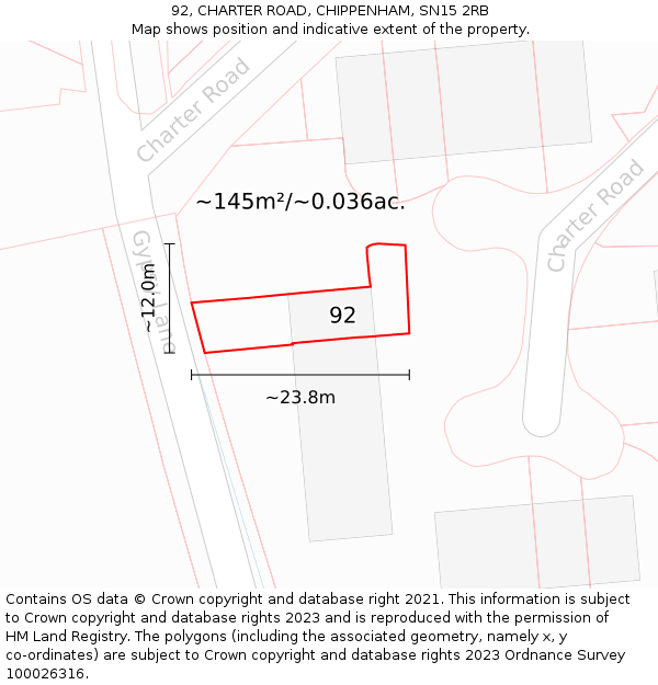 92, CHARTER ROAD, CHIPPENHAM, SN15 2RB: Plot and title map