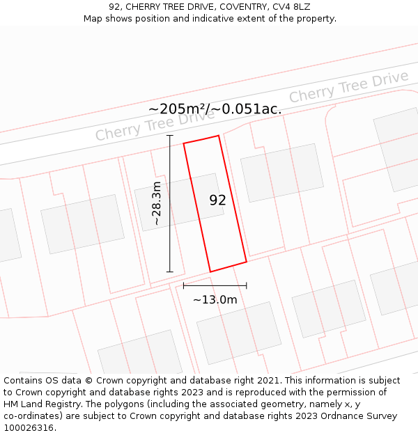 92, CHERRY TREE DRIVE, COVENTRY, CV4 8LZ: Plot and title map
