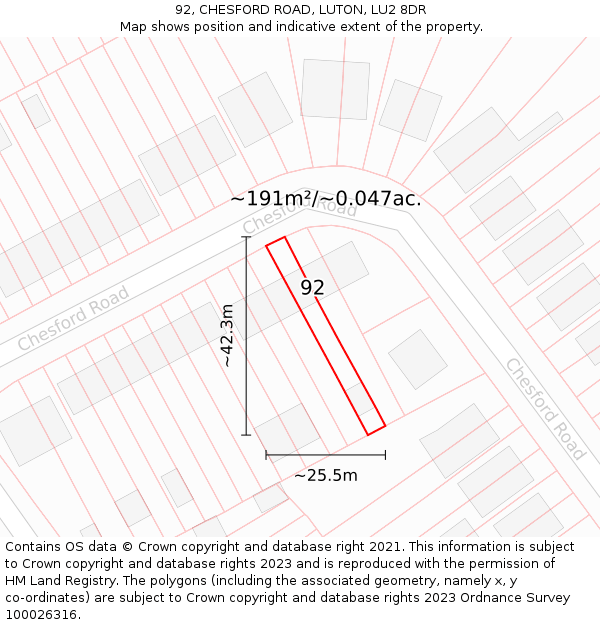 92, CHESFORD ROAD, LUTON, LU2 8DR: Plot and title map