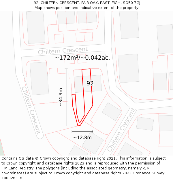 92, CHILTERN CRESCENT, FAIR OAK, EASTLEIGH, SO50 7GJ: Plot and title map