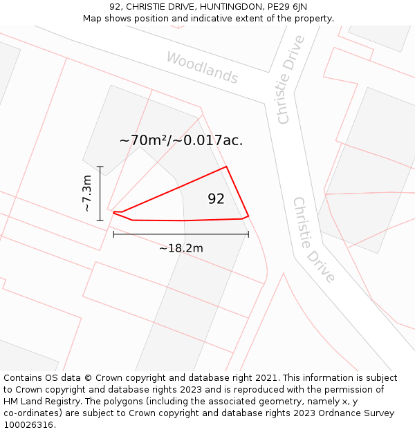 92, CHRISTIE DRIVE, HUNTINGDON, PE29 6JN: Plot and title map