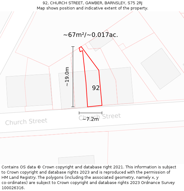 92, CHURCH STREET, GAWBER, BARNSLEY, S75 2RJ: Plot and title map