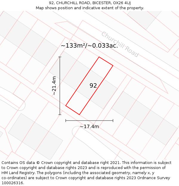92, CHURCHILL ROAD, BICESTER, OX26 4UJ: Plot and title map