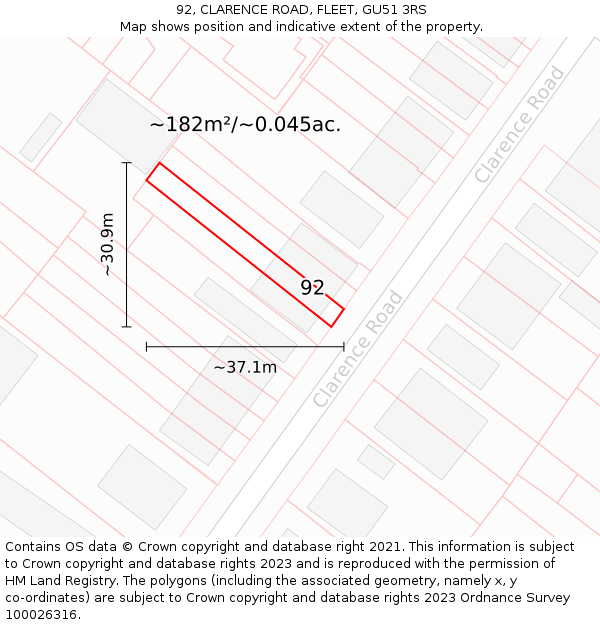 92, CLARENCE ROAD, FLEET, GU51 3RS: Plot and title map