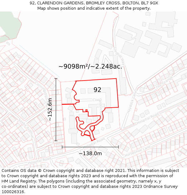 92, CLARENDON GARDENS, BROMLEY CROSS, BOLTON, BL7 9GX: Plot and title map