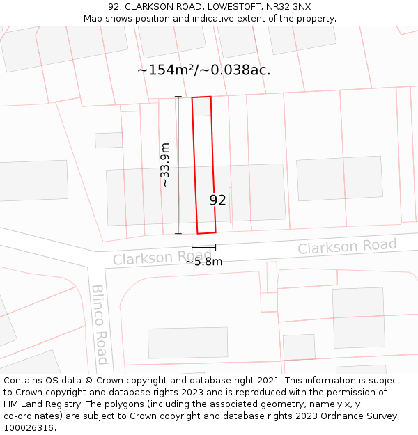 92, CLARKSON ROAD, LOWESTOFT, NR32 3NX: Plot and title map