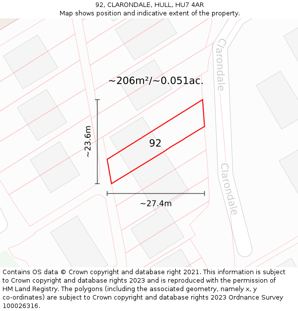 92, CLARONDALE, HULL, HU7 4AR: Plot and title map