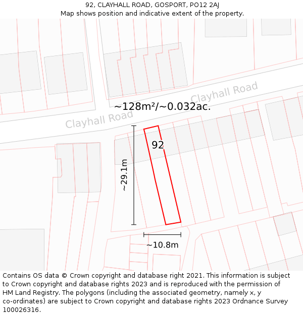 92, CLAYHALL ROAD, GOSPORT, PO12 2AJ: Plot and title map