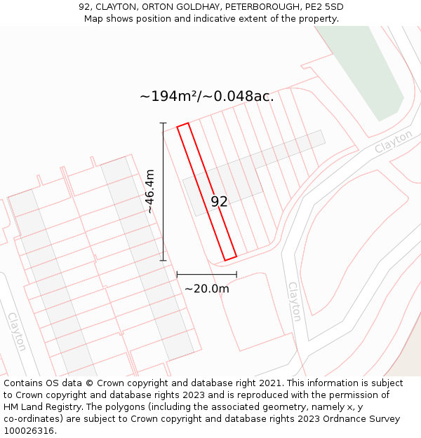 92, CLAYTON, ORTON GOLDHAY, PETERBOROUGH, PE2 5SD: Plot and title map
