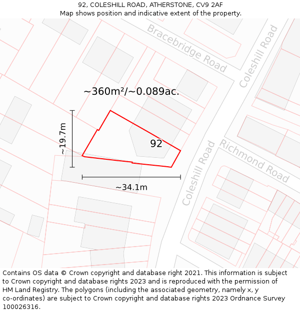 92, COLESHILL ROAD, ATHERSTONE, CV9 2AF: Plot and title map