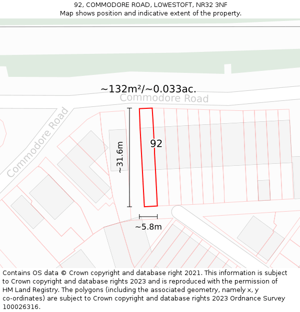 92, COMMODORE ROAD, LOWESTOFT, NR32 3NF: Plot and title map