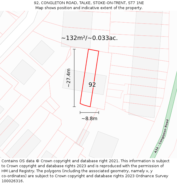 92, CONGLETON ROAD, TALKE, STOKE-ON-TRENT, ST7 1NE: Plot and title map