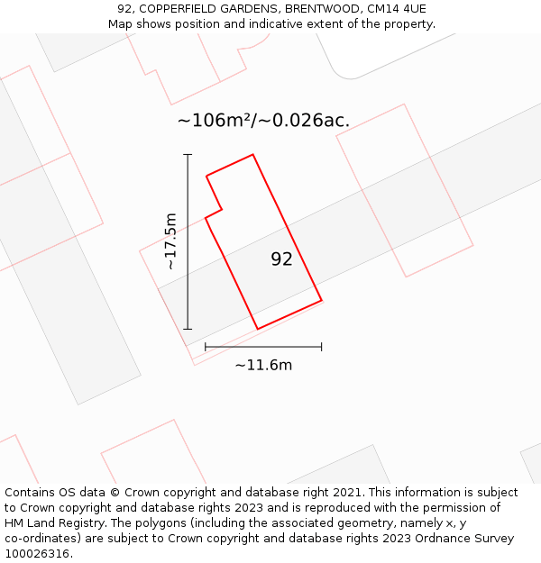 92, COPPERFIELD GARDENS, BRENTWOOD, CM14 4UE: Plot and title map