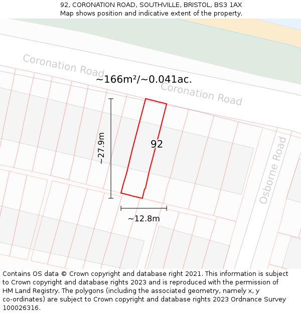 92, CORONATION ROAD, SOUTHVILLE, BRISTOL, BS3 1AX: Plot and title map