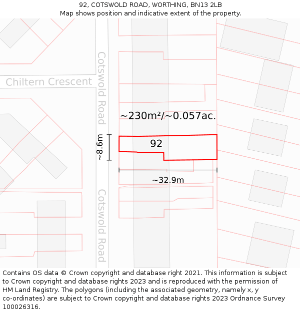 92, COTSWOLD ROAD, WORTHING, BN13 2LB: Plot and title map