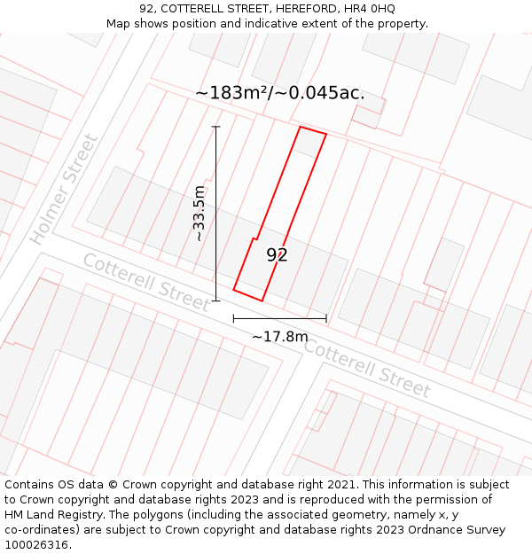 92, COTTERELL STREET, HEREFORD, HR4 0HQ: Plot and title map
