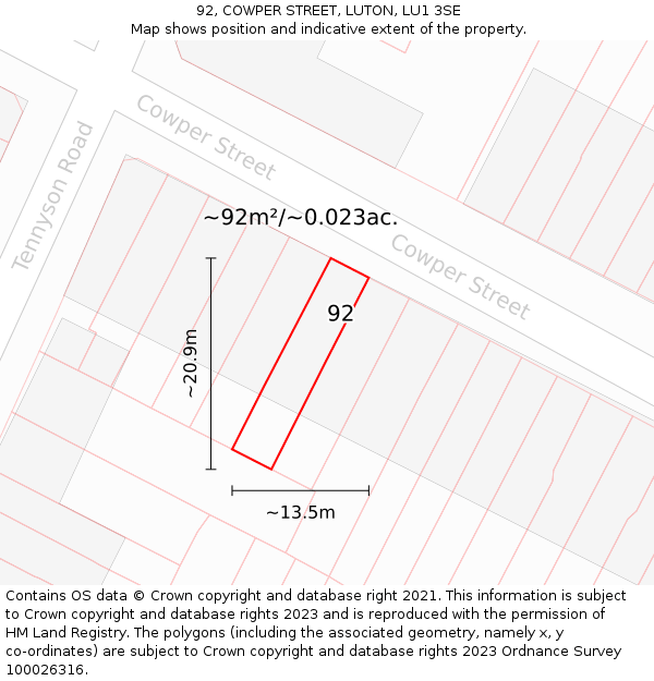 92, COWPER STREET, LUTON, LU1 3SE: Plot and title map