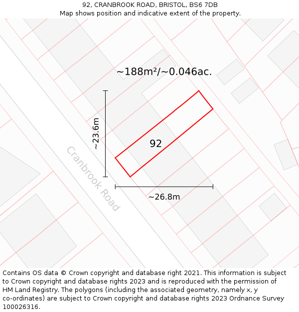 92, CRANBROOK ROAD, BRISTOL, BS6 7DB: Plot and title map