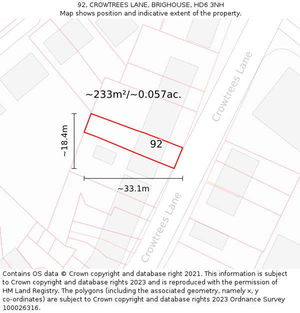 92, CROWTREES LANE, BRIGHOUSE, HD6 3NH: Plot and title map