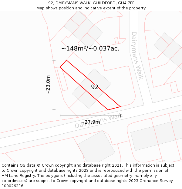 92, DAIRYMANS WALK, GUILDFORD, GU4 7FF: Plot and title map
