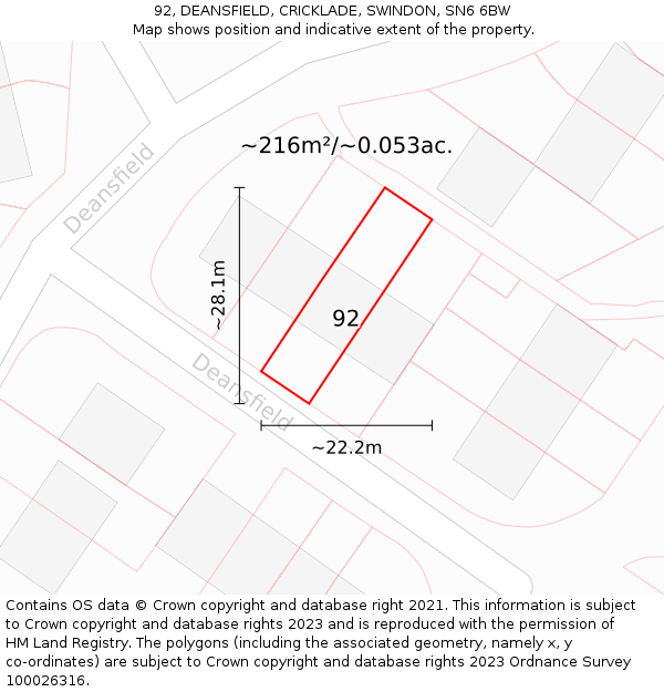 92, DEANSFIELD, CRICKLADE, SWINDON, SN6 6BW: Plot and title map