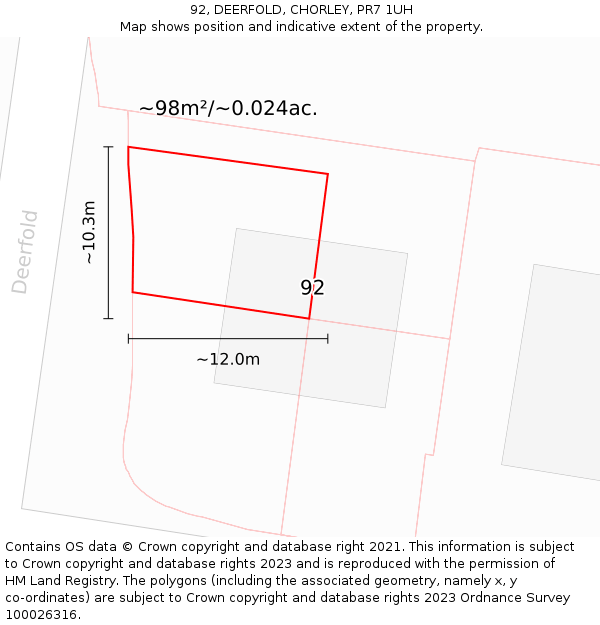 92, DEERFOLD, CHORLEY, PR7 1UH: Plot and title map
