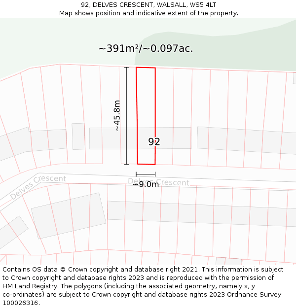 92, DELVES CRESCENT, WALSALL, WS5 4LT: Plot and title map
