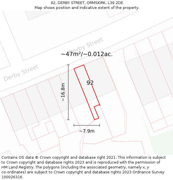 92, DERBY STREET, ORMSKIRK, L39 2DE: Plot and title map
