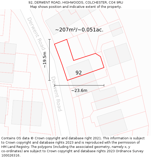 92, DERWENT ROAD, HIGHWOODS, COLCHESTER, CO4 9RU: Plot and title map