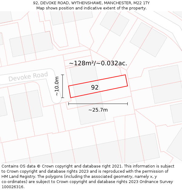 92, DEVOKE ROAD, WYTHENSHAWE, MANCHESTER, M22 1TY: Plot and title map