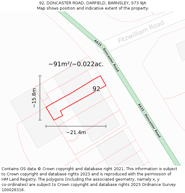 92, DONCASTER ROAD, DARFIELD, BARNSLEY, S73 9JA: Plot and title map