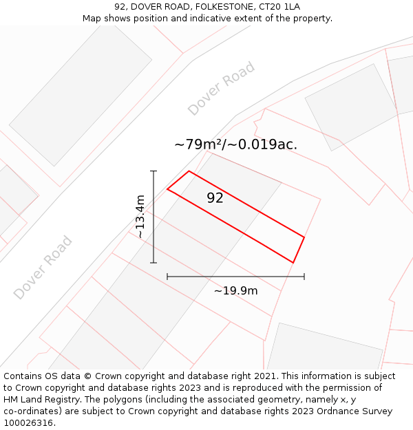 92, DOVER ROAD, FOLKESTONE, CT20 1LA: Plot and title map