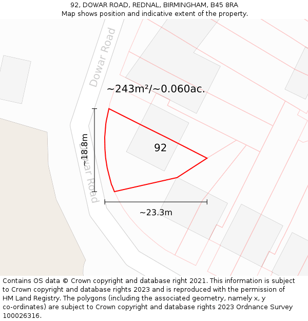 92, DOWAR ROAD, REDNAL, BIRMINGHAM, B45 8RA: Plot and title map