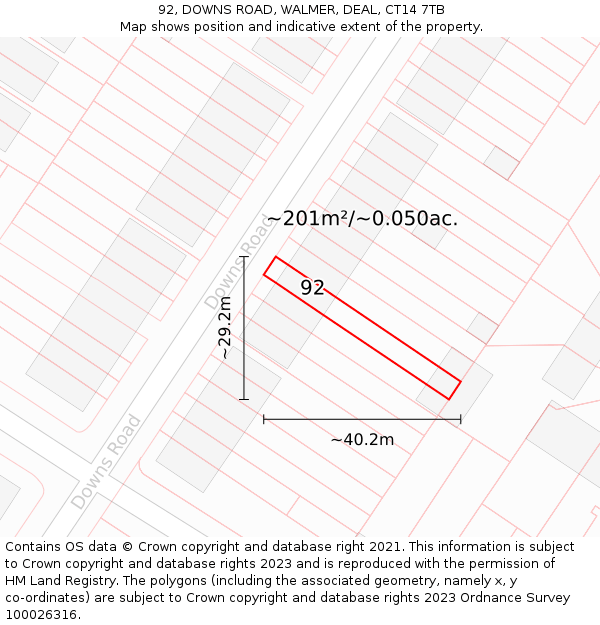 92, DOWNS ROAD, WALMER, DEAL, CT14 7TB: Plot and title map