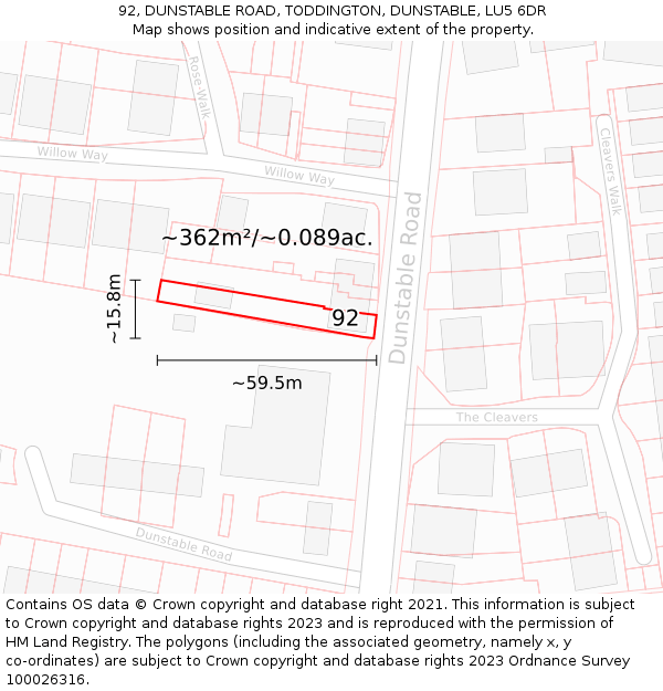 92, DUNSTABLE ROAD, TODDINGTON, DUNSTABLE, LU5 6DR: Plot and title map