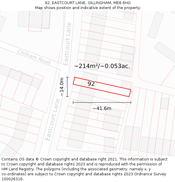 92, EASTCOURT LANE, GILLINGHAM, ME8 6HG: Plot and title map