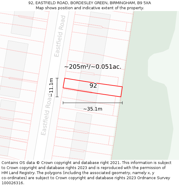 92, EASTFIELD ROAD, BORDESLEY GREEN, BIRMINGHAM, B9 5XA: Plot and title map