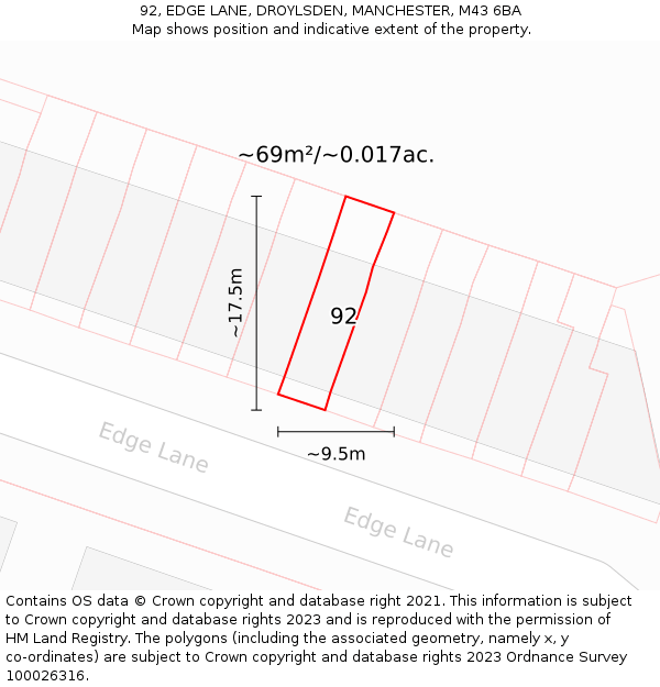 92, EDGE LANE, DROYLSDEN, MANCHESTER, M43 6BA: Plot and title map