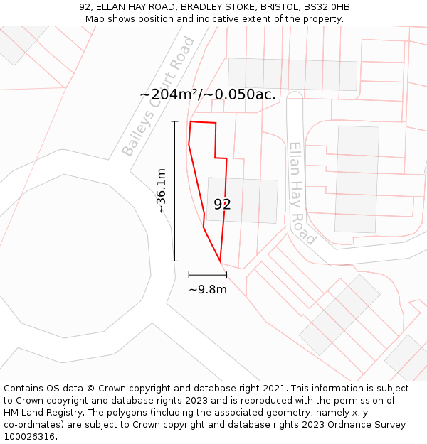 92, ELLAN HAY ROAD, BRADLEY STOKE, BRISTOL, BS32 0HB: Plot and title map